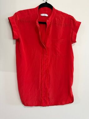 Vince Vibrant Red Short-Sleeve Tunic with Mandarin Collar